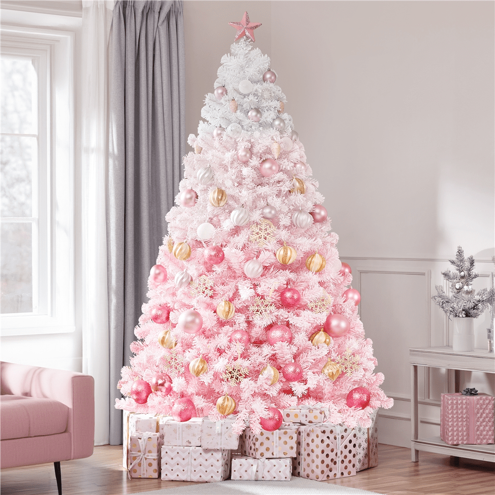 Renwick 7.5Ft Pre-lit Flocked Artificial Christmas Tree with 550 Incandescent Warm Lights, Pink Gradient
