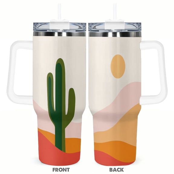 40oz Desert Cactus Travel Tumbler Gift Insulated Car Cup Western Desert Landscape Stainless Steel Coffee Cup with Handle and Straw