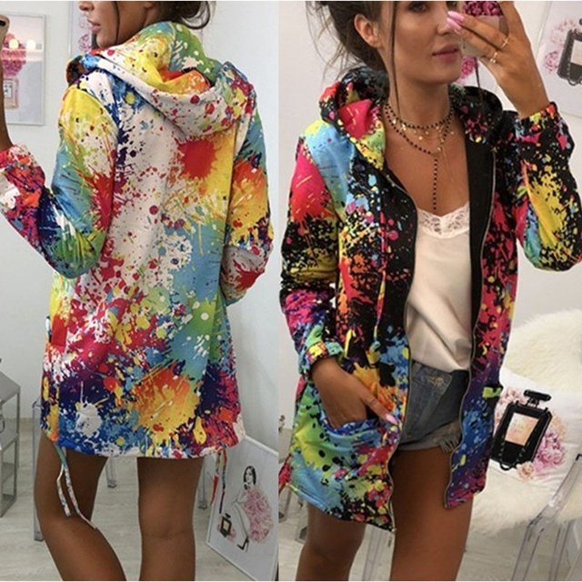 Moda Multicolor Stampa manica lunga donna con cappuccio con cappuccio Parka Jacket Coat Outwear Overcoat 2Colors