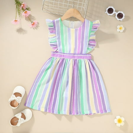

THE WILD Girls Dresses Fashion Ruched Striped O-Neck Short Sleeve Midi Girls Dresses Purple