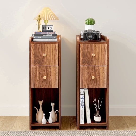 LEFHDA Modern Narrow Nightstands Set of 2 & Dressers Mid-century Modern Brown Wood Bedside Tables with Drawers, Open Shelf, and Wood Grain Design for Bedroom & Living Room