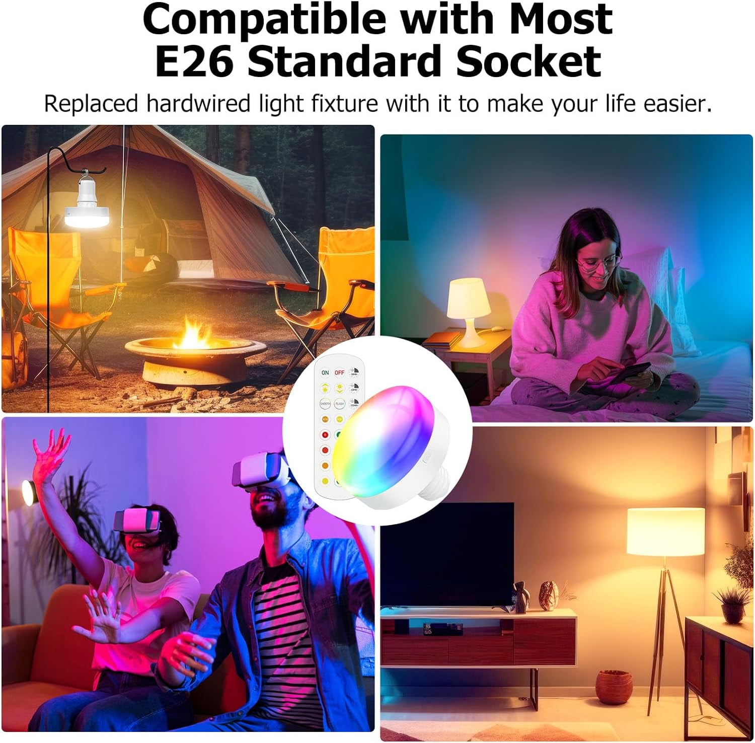 3000mAh Rechargeable Puck Light LED Bulb, 300LM, RGB Dimmable E26 with Remote Control, Emergency Lamp for Home, Camping