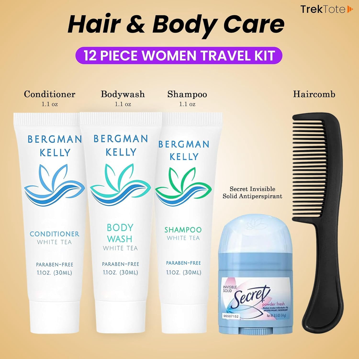 Trektote Bulk Hygiene Kit For Women – (50 Pack) 12 Piece Set Of Travel Size Toiletries, TSA Compliant, Bulk Travel Essentials, Includes Shampoo And Conditioner, Body Wash, Toiletry Bag & More