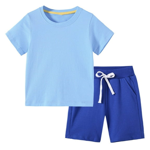 Fesfesfes Girls 2 Piece Summer Outfits Kids Soild Color Short Sleeve T-Shirts and Elastic Waist Shorts Clothing Sets Biker Shorts 2Pcs Clothing Set(Light Blue,2 Years)