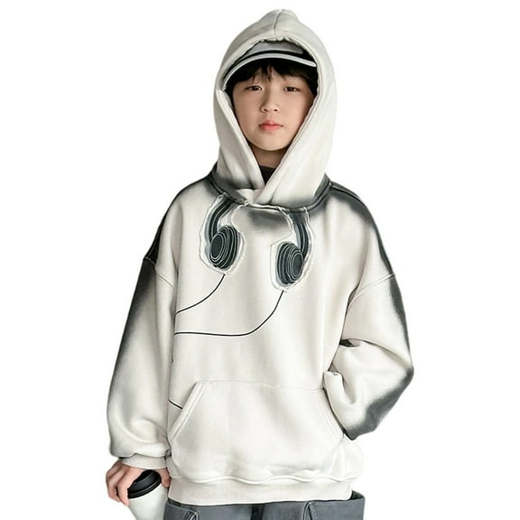 Teen Boys Hooded Sweatshirt Long Sleeve Pullover Kids Top Spring Fall Winter Daily Wear Fabric Clothes White Size 15-16T