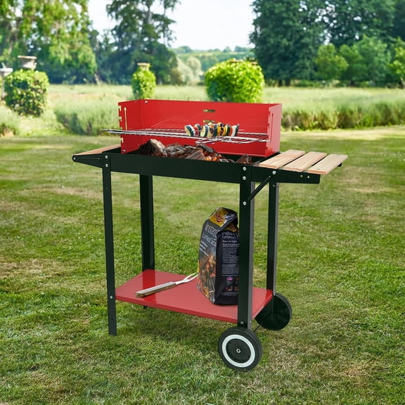 Charcoal Grill, Outdoor BBQ Portable Grill with Side Table and Wheel, Folding Grill for Outdoor Cooking Camping Garden (Red)