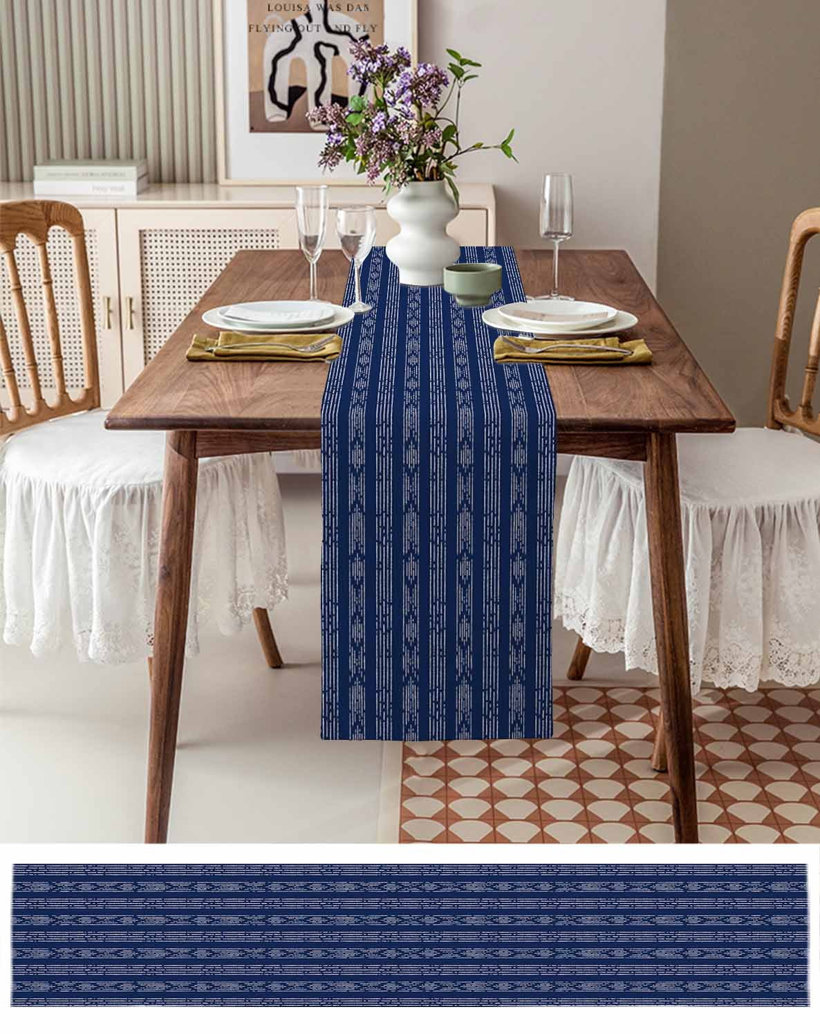 Navy Blue Boho Table Runner 72 Inches, Bohemian Geometric Stripes Tribe Farm Bed Runner Dresser Scarves Tabletop for Indoor Outdoor Parties/Ceremony/Banquet, 18" x 72"