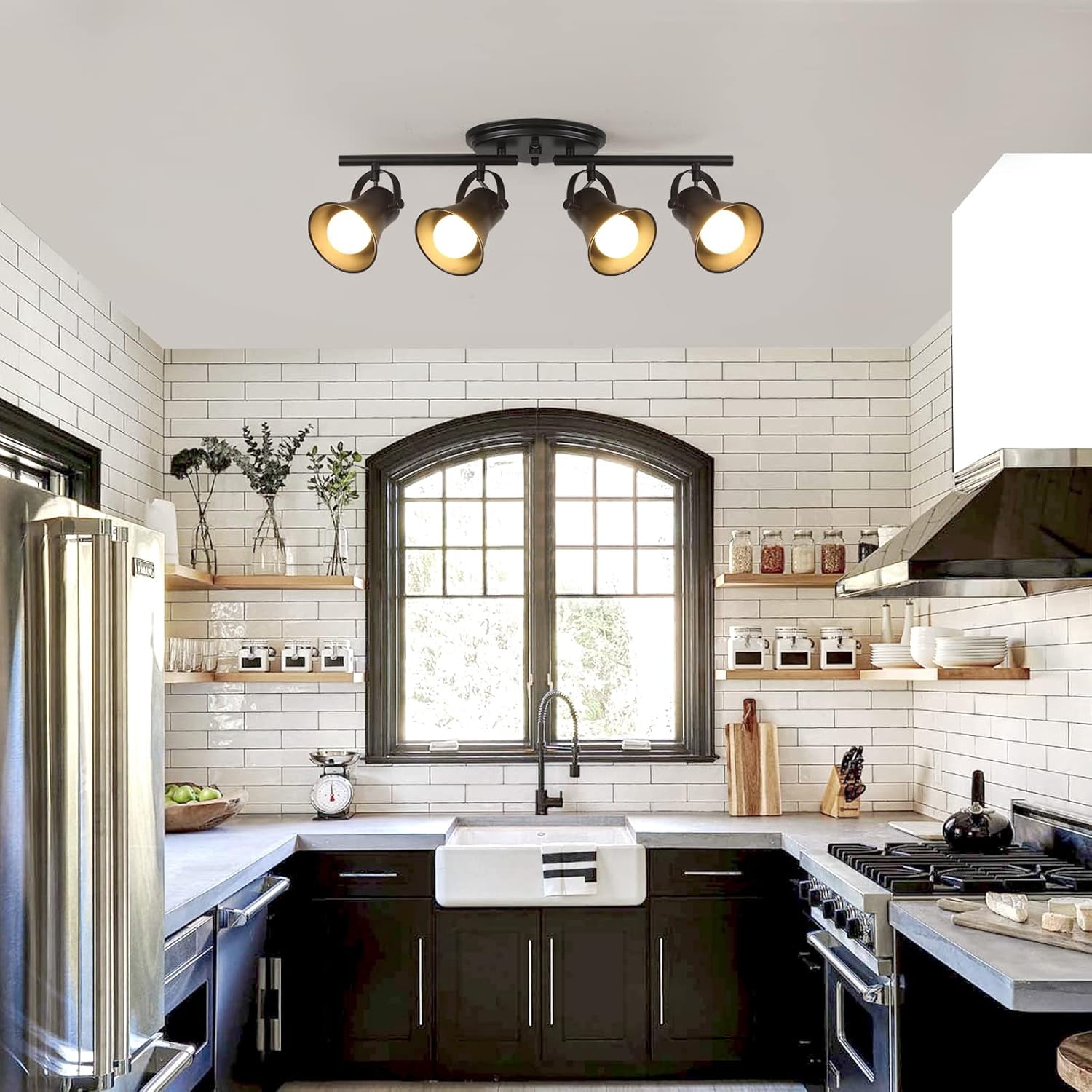 KEESFU 4-Light Industrial Track Lighting Fixture, Black Semi Flush Mount Ceiling Light with Adjustable Articulating Arms, Modern Accent Light for Living Room Kitchen Bedroom