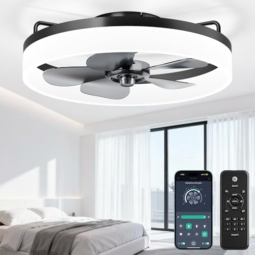 Ceiling Fans with Lights and Remote, 20 Inch Low Profile Fandelier Ceiling Fan with Light Flush Mount, 3000-6000K Dimmable & 6 Wind Speeds Black Modern Fandelier for Bedroom, Living Room, Kitchen