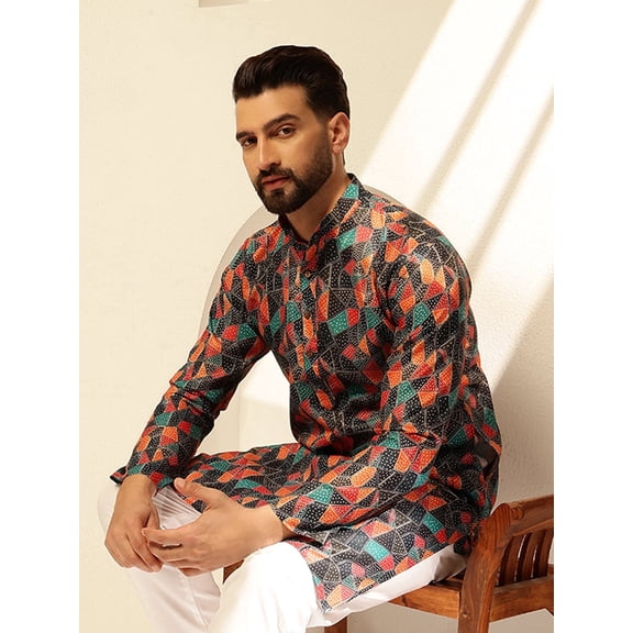 Sojanya (Since 1958) Men'S Cotton Linen Abstract Print Multicolor Kurta With White Pyjama
