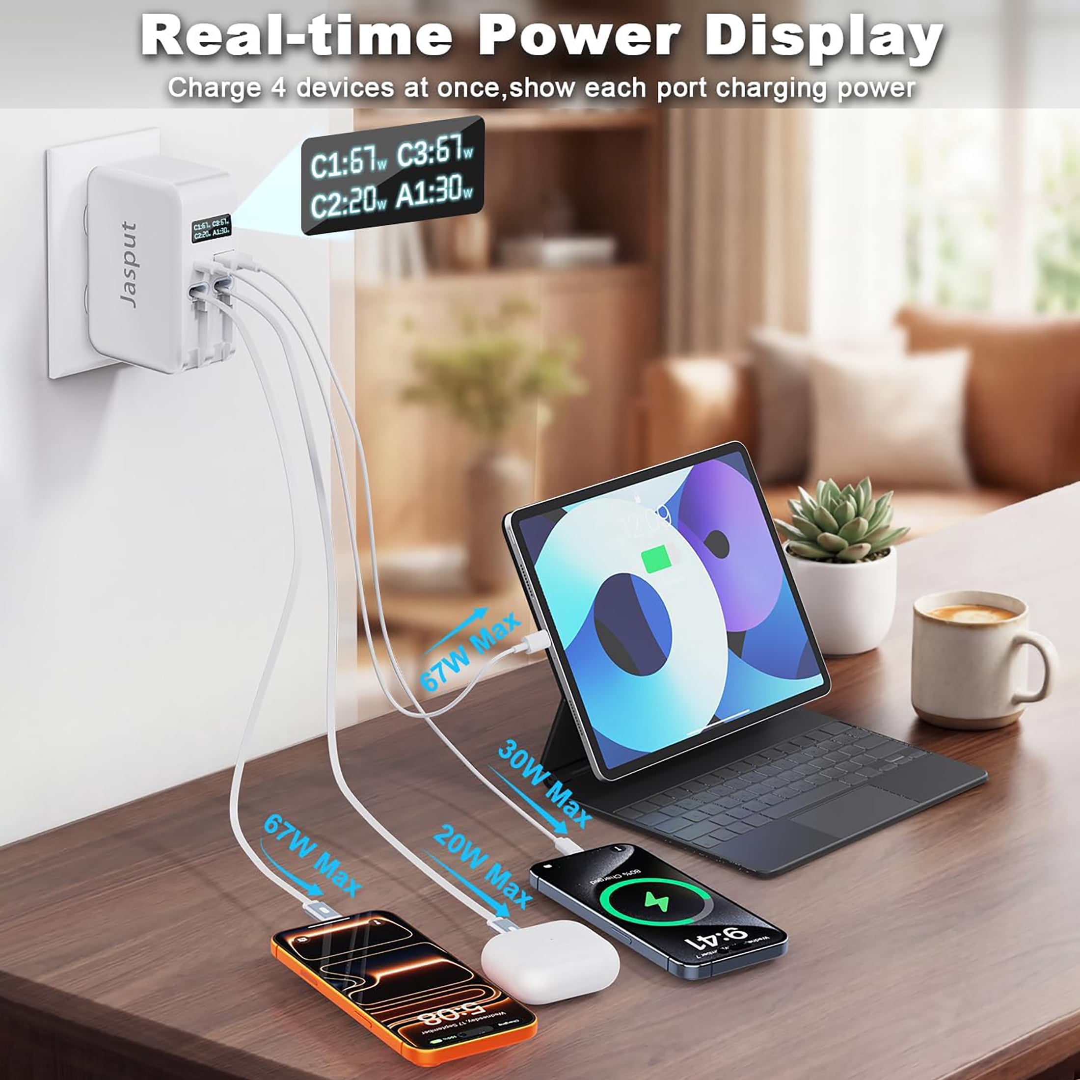 Jasput 67W Retractable Phone Wall Charger,4 in 1Wall Charger with Dual Cables &2 Ports&LED Display,PD 30W USB C Fast Charging Block for Phone 17 16 15 14 13 Pro Max,Galaxy 25 24, Tablet