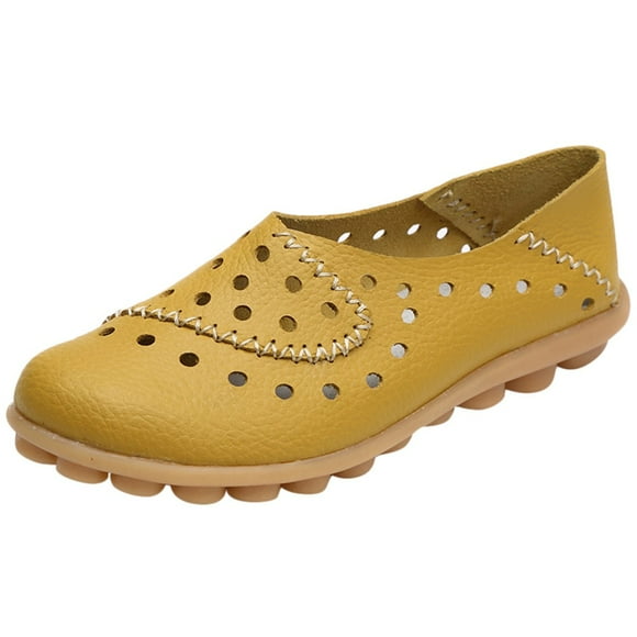 Women Casual Shoes Leather Flat Hollow Out Loafers Comfortable Breathable Shoes