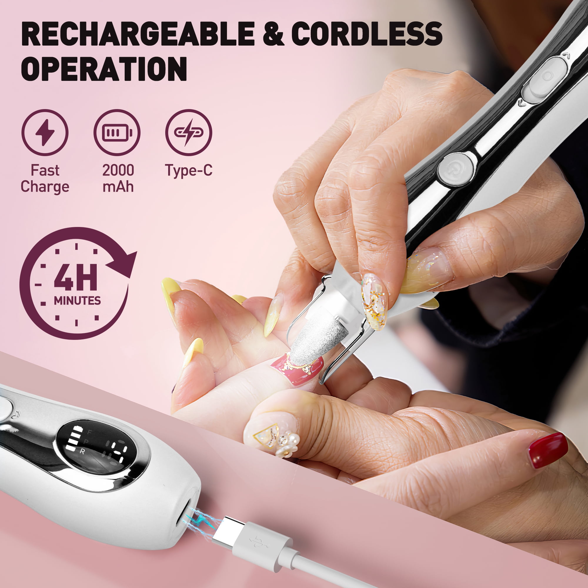 CshidWorld Cordless Electric Nail File, 10-Speed Nail Drill Kit with LED Light, Professional Portable Manicure Pedicure Tool for Thick Nails, Hand & Foot（White）
