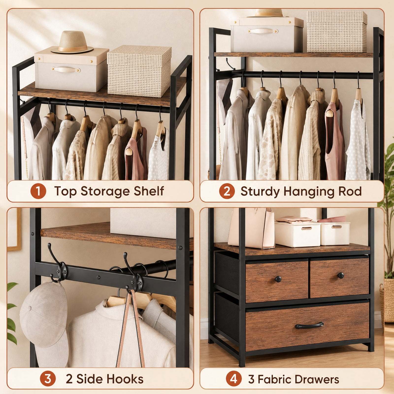 Furnibear Heavy Duty Metal Clothes Rack with 3 Fabric Drawers Top Shelf Hanging Rod and Side Hooks Industrial Garment Rack for Bedroom, Rustic Brown