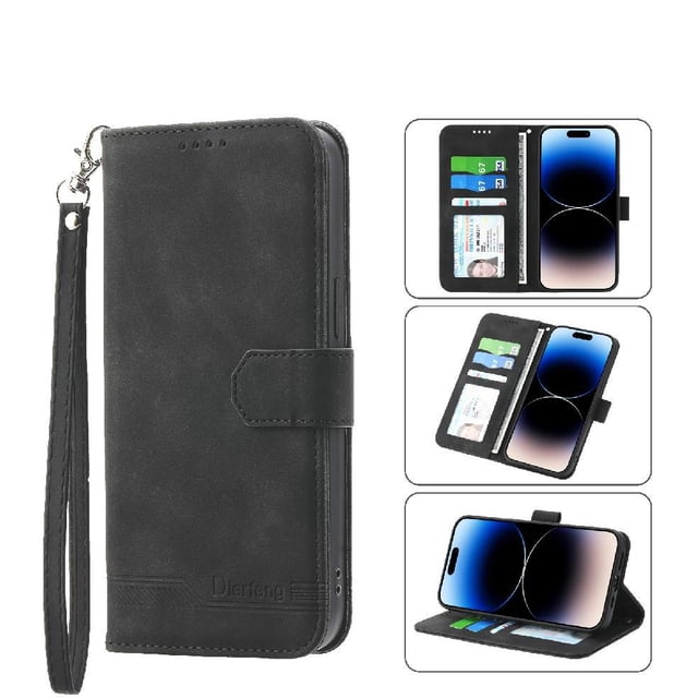 Wallet Case for iPhone 17 Pro Max Flip Phone Case with Card Slots, Cash Pocket, Kickstand, Magnetic Closure & Wrist Strap, TPU Soft Shell Cover Black