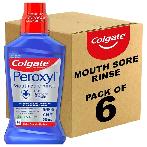 Colgate Peroxyl Antiseptic Mouthwash And Mouth Sore Rinse, 1.5% Hydrogen Peroxide, Mild Mint - 500Ml, 16.9 Fluid Ounces (Pack Of 6) - Pack Of 1