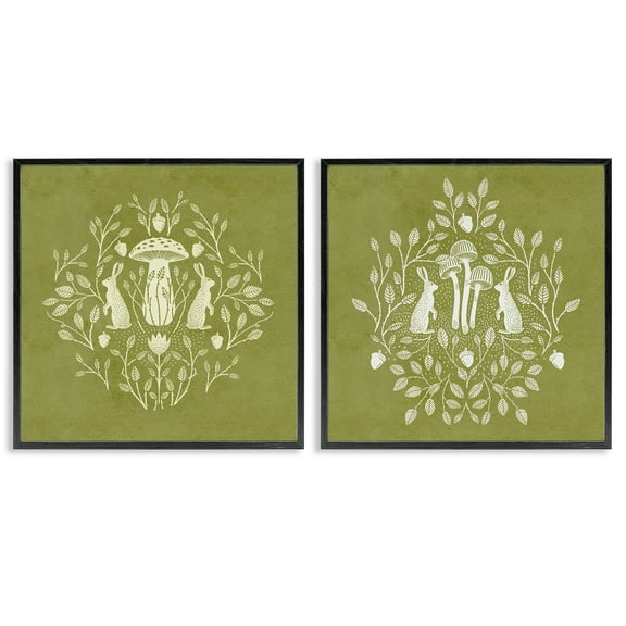 Stupell Industries Boho Bunnies & Mushrooms Animals Painting Black Framed Art Print Wall Art, 12 x 12, Set of 2