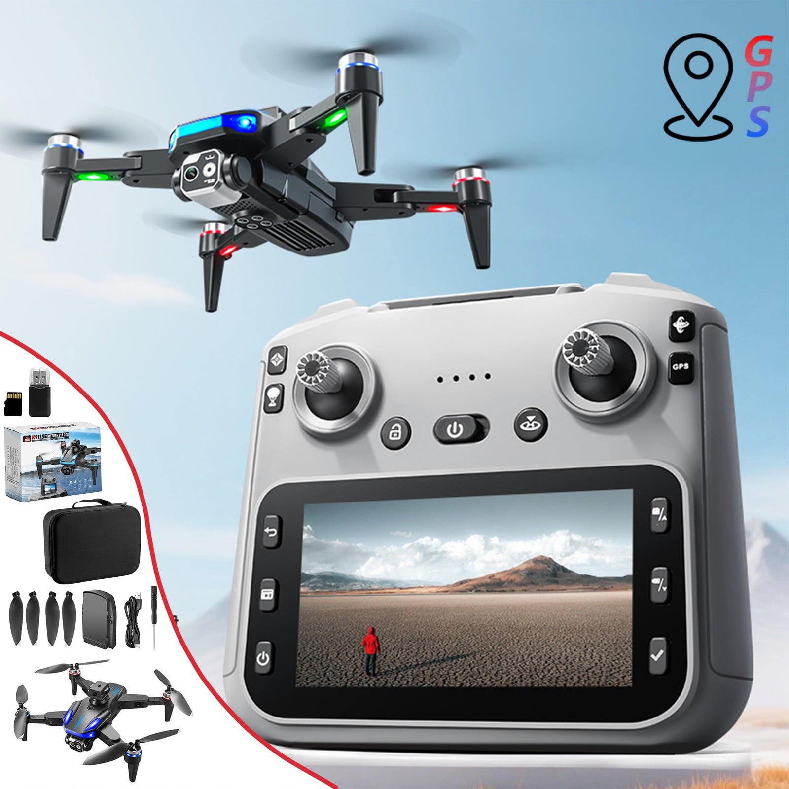 Drone with Camera for Kids and Adults, 4.5-Inch Screen Remote Control with GPS, Dual HD Cameras, Long Flight Time, Wide Control Range^