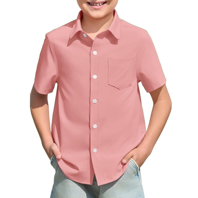 Kids Solid Pocketed Button Down Shirts, Collared Short Sleeve Casual Tops for Boys, Ages 5-14