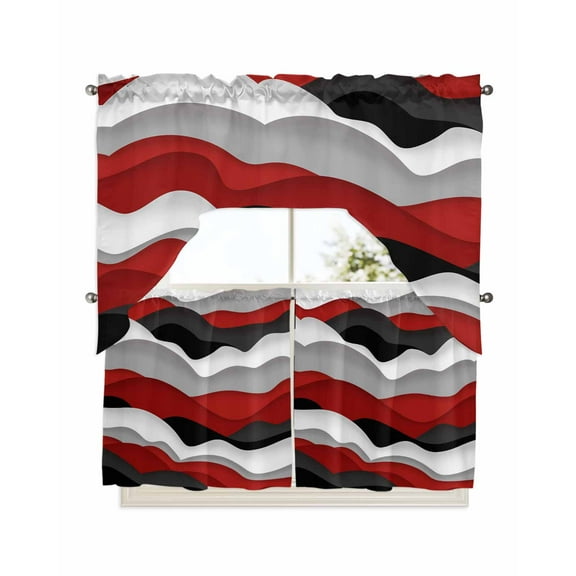 Red Black Ombre Kitchen Curtains Swag Valance and Tier Curtains Set 24 Inch Length, Modern Geometric Moire Abstract Art Rod Pocket Drape Panels Pair Swag Curtains for Bathroom/Cafe/Window