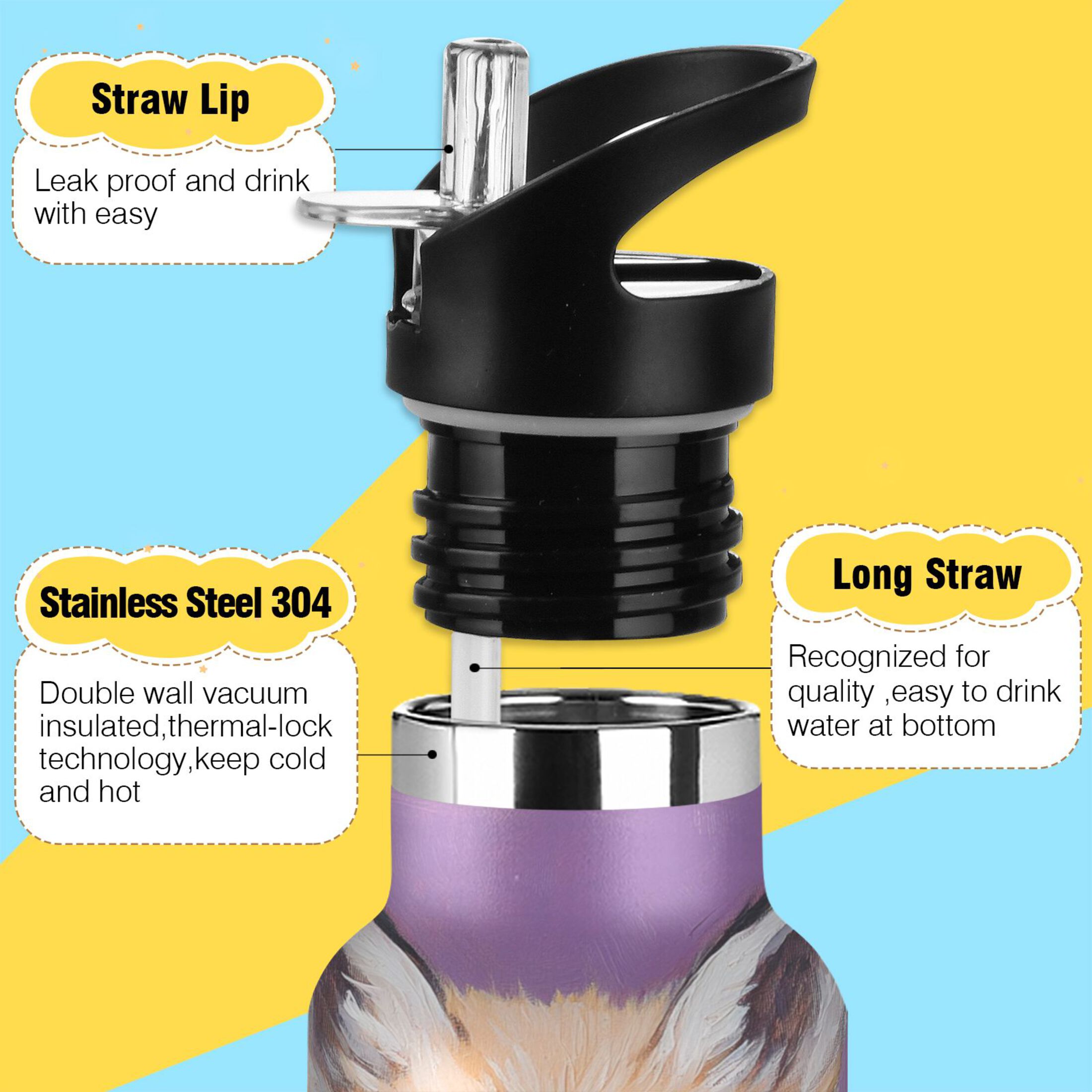 600ML Stainless Steel Insulated Cup Sports Water Bottle Portable Thermos Cup Water Glasses Insulated Tumblers Convenient and Durable Four-leaf Clover Fox