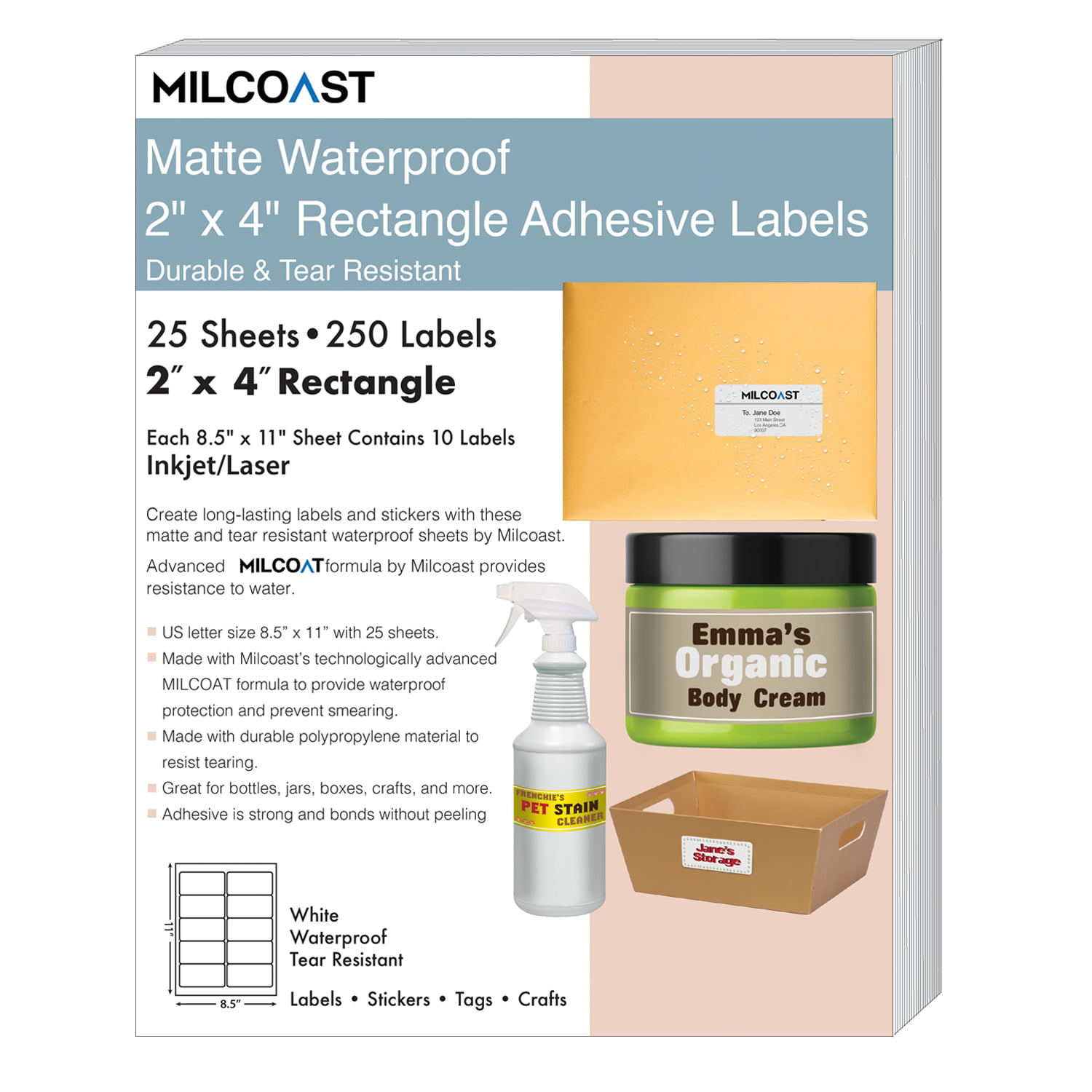 25 Sheets 250 Labels Milcoast Matte Waterproof 2 x 4" Rectangle Labels 