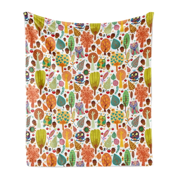 Woodland Soft Flannel Fleece Throw Blanket, Colorful Cartoon Style Whimsical Owls Acorns Leaves Butterflies Trees, Cozy Plush for Indoor and Outdoor Use, 70" x 90", White and Multicolor, by Ambesonne