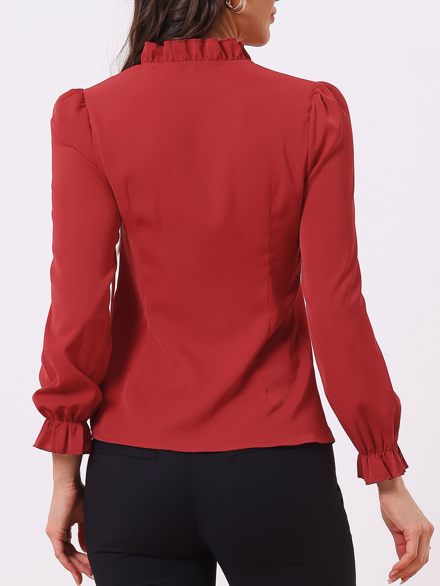 DARING DIVA Women's Spring Blouse Long Sleeve Ruffle Tie Neck Business Top M Dark Red