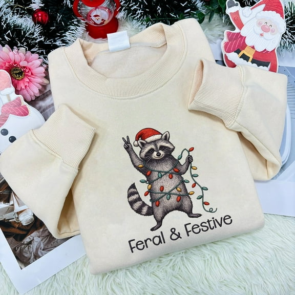 Embroidered Feral and Festive Raccoon Christmas Sweatshirt, Funny Holiday Animal Crewneck, Cute Christmas Lights, Cozy Winter Gift Top