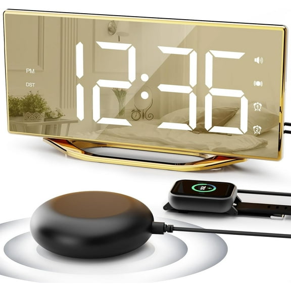 Loud Alarm Clock for Heavy Sleeper, 2 Alarms Big Display Clock with Bed Shaker for Hard of Hearing Deaf,Plug in Bedroom Mirror Clock,Phone Charger,Dimmer,Simple Digital Clock