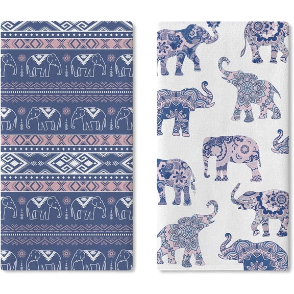 Vintage Elephant Kitchen Dish Towels Set of 2, Boho Retro Ethnic Tribal Mandala Drying Hand Towel Baking Cooking Cloth, Geometric Farmhouse Bathroom Home Decor Elephant Lover Gifts 18'' x 26''