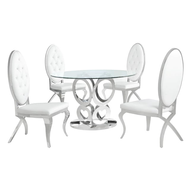 Ensemble de Salle à Manger 5 Pièces en Acier Inoxydable avec Table Ronde en Verre Clair