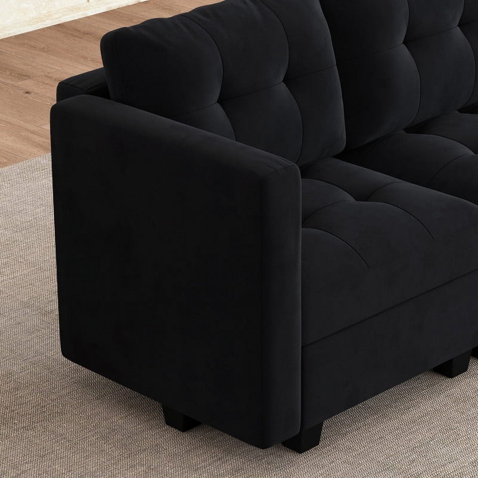 HONBAY Velvet Convertible Sofa Bed with Hidden Storage and Storage Ottomans for Living Room and Apartment, Black