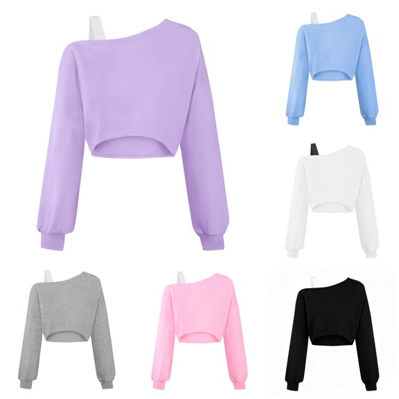 FINALGANG Girls Kids One Off Shoulder Long Sleeve Solid Color Cropped Loose Fit Casual Pullover Top For Daily Shopping Daily Wear Soft Top Purple 15-16 Years