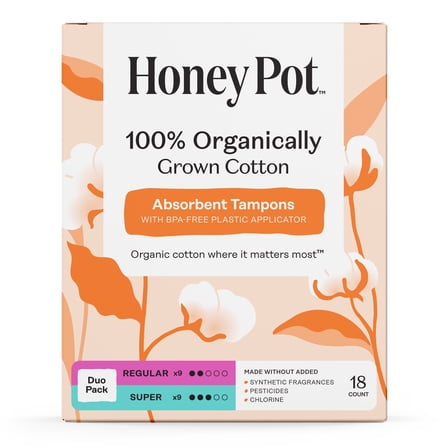 Honey Pot 100% Organic Cotton Core Duo Pack Tampons, 18 Count