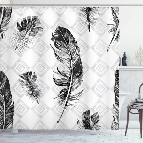 Ambesonne Feather Shower Curtain, Nested Squares Mosaic, 69"Wx84"L, Black White Pale Grey