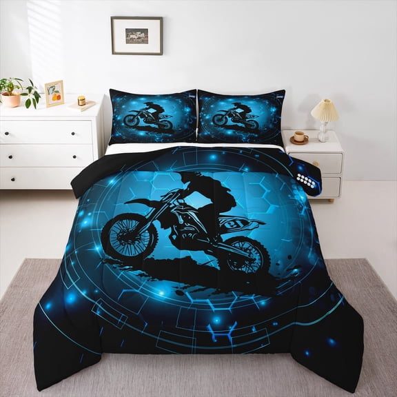 Feelyou Motorcycle Dirt Bike Bedding Comforter Set, Extreme Speed Sport Twin Comforter Sets, Neon Cyan Honeycomb Reversible Bedding Set, Ultra Soft Bedroom Decor, 2-Piece