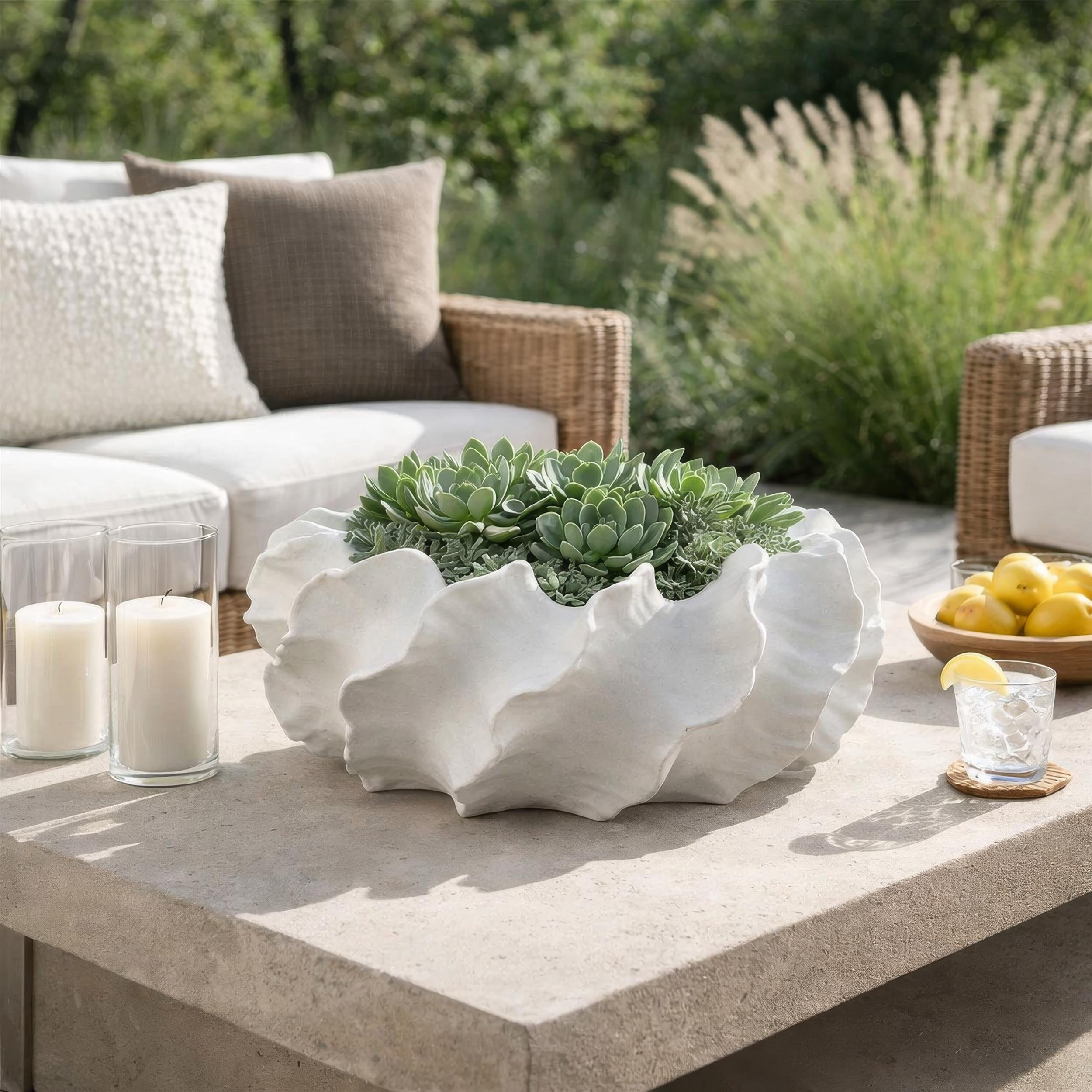 Benjara Velz Decorative Planter- 16" Wavy Edge- Matte White Ceramic