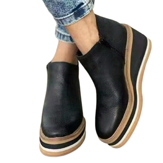 Bottines pour Femmes Couleur Unie Bout Rond Chaussures Compensées Chaussures Décontractées à la Mode