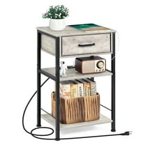 Bedside Table with Charging Station 3 Tier Bedside Table with USB Ports and Outlets Bedside Table with Fabric Drawers High Side Table with Storage Shelf For Bedroom, Living Room, Sofa, Light Oak