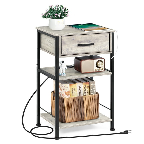 Bedside Table with Charging Station 3 Tier Bedside Table with USB Ports and Outlets Bedside Table with Fabric Drawers High Side Table with Storage Shelf For Bedroom, Living Room, Sofa, Light Oak