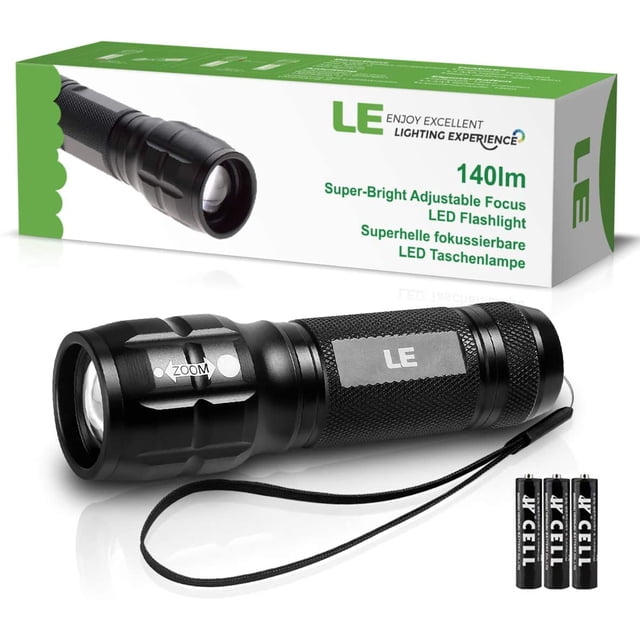 Linterna LED potente LE L8000, linterna con zoom resistente al agua IP44, 1 pila AAA incluida, linterna LED militar de aluminio para acampar, hacer senderismo y emergencias