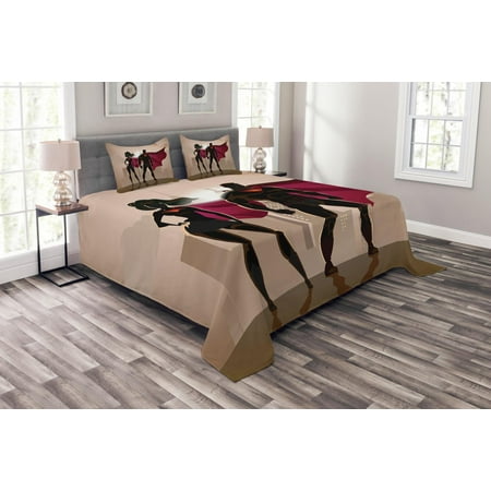 Superhero Bedspread Set, Super Woman and Man Heroes in City Hot Couple in Costume Pattern, Decorative Quilted Coverlet Set with Pillow Shams Included, Beige Brown and Magenta, by Ambesonne