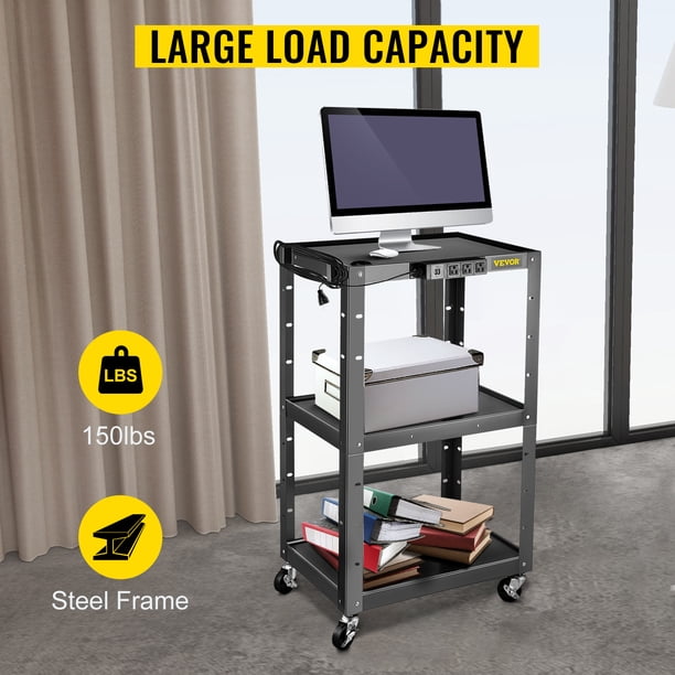 Carro AV de acero VEVOR, carro de medios de altura ajustable de 24-42 "con cable de alimentación electrica, carro de presentación de 24 x 32" con 3 estantes, carro de proyector rodante de 150 LBS