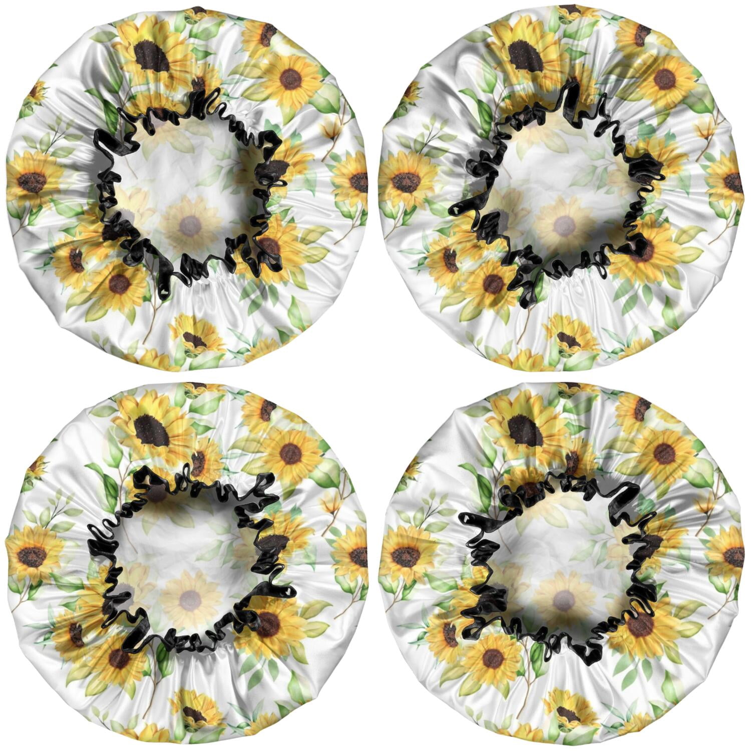 Shower Caps,White Green Leaf Sunflower Pattern Waterproof Shower Cap for Women 4 Pieces,Double Reusable Hair Cover for Shower PEVA Elastic Stretch Hem