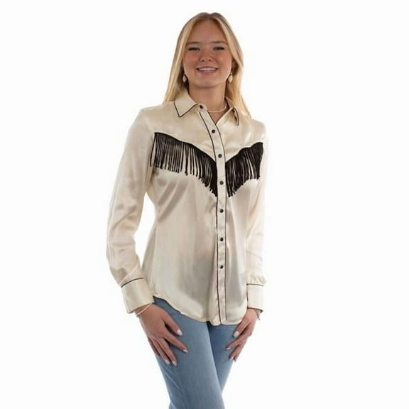 Scully HC922-CRM-XL Western Shirt Womens Long Sleeve Fringe Snap Solid, Cream - Extra Large