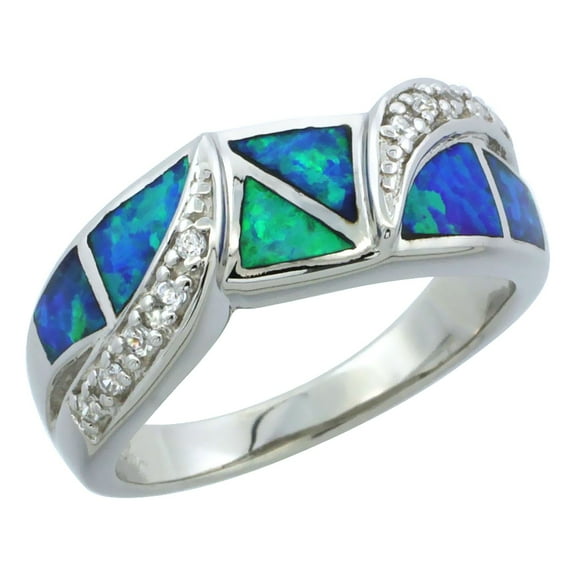 925 Sterling Silver Synthetic Blue Opal CZ Accent Bypass Ring 8mm