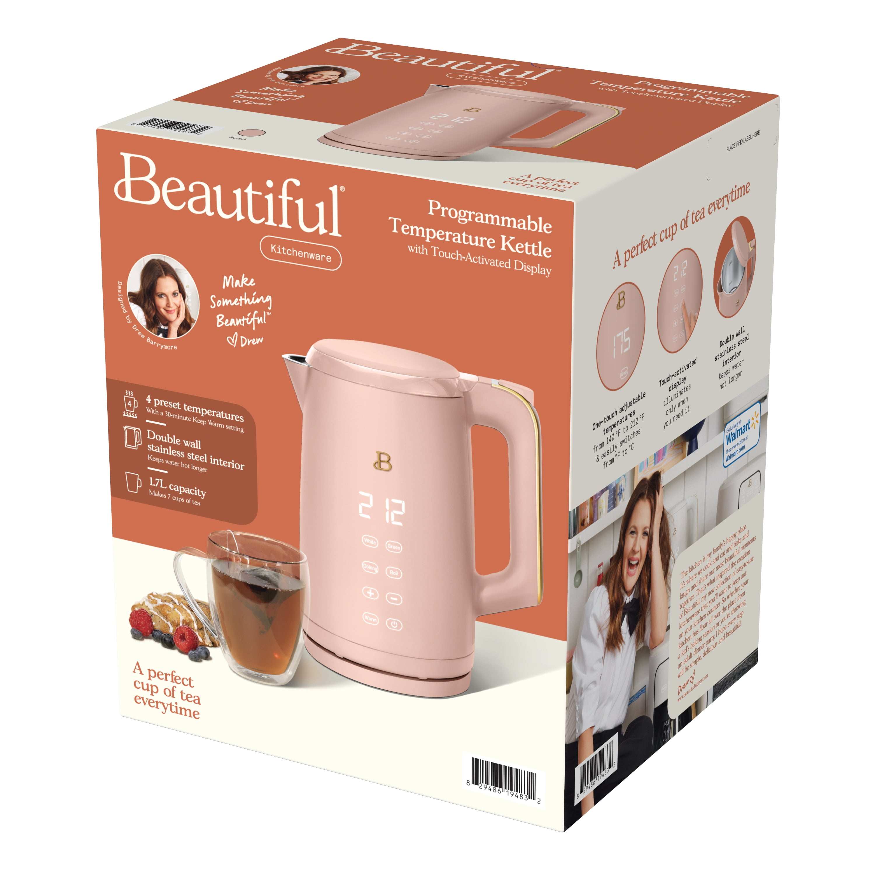Beautiful 1.7-Liter Electric Kettle 1500 W with One-Touch Activation, Rose by Drew Barrymore