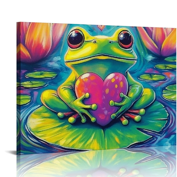 ZFLMY Frog Lily Pad Rainbow Art Modern Canvas Prints Wall Decor For Bedroom Kitchen, Ready To Hang Home Art Decor 16x12in