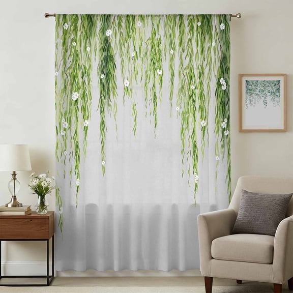 Sage Green Sheer Curtains 72 Inches Long, Summer Botanical Leaves Watercolor Light Filering Curtains, Breathable Simi Curtain Privacy Drapes for Living Room Bedroom Lightweight Window Treatment